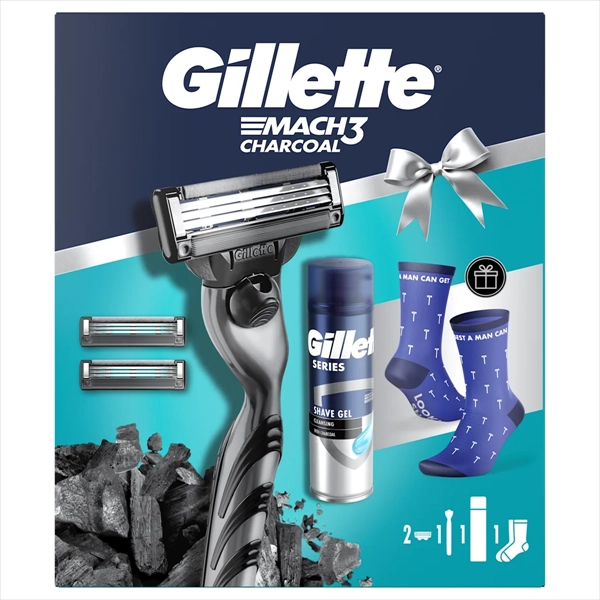 GILLETTE SET MACH 3 CHARCOAL (DRŠKA + 2 DOPUNE + GEL 200ML+ ČARAPE)