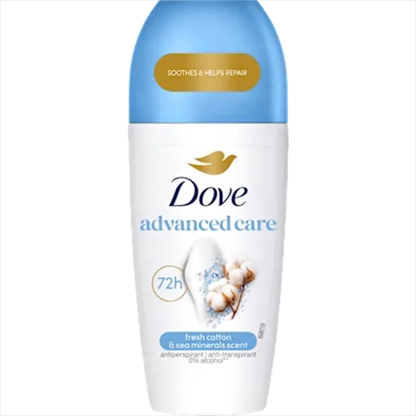 DOVE DEO ROLL ON ADVANCED CARE 50ML COTTON AND SEA MINERALS